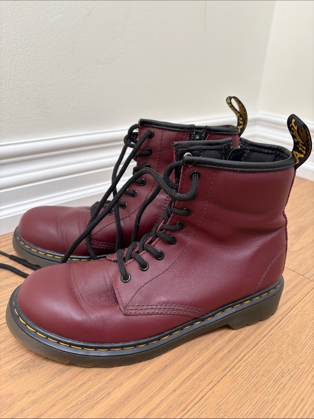 Dr. Martens Burgundy Leather Lace-Up Combat Boots with Yellow Stitching